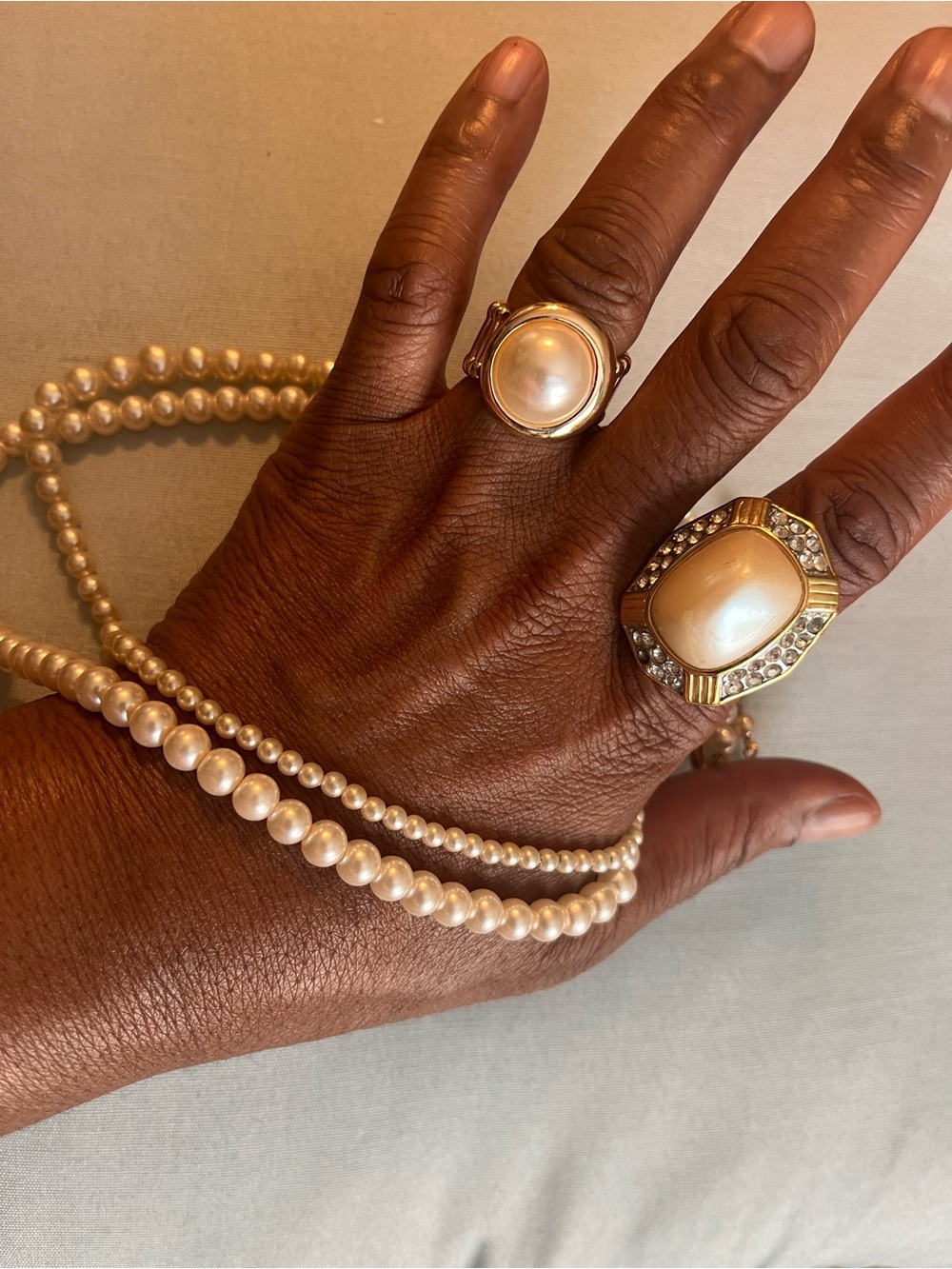 Vintage 90s-Y2K Gold-Tone Pearl Ring & Necklace Bundle